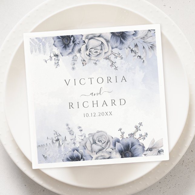 Dusty Blue och Navy Blommigt Elegant bröllop Pappersservett (Skapare uppladdad)