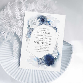 Dusty Blue och Navy Blommigt Elegant Silver Bröllo Inbjudningar