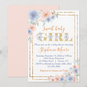 Dusty Blue och Peach Blommigt Baby Shower Inbjudningar