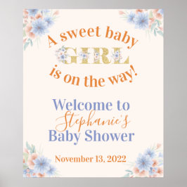 Dusty Blue och Peach Blommigt Girls Baby Shower Poster