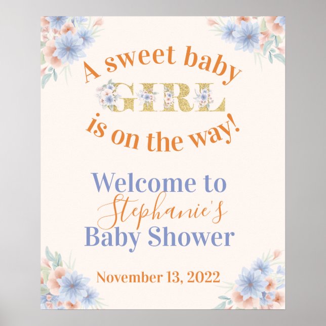 Dusty Blue och Peach Blommigt Girls Baby Shower Poster (Framsidan)