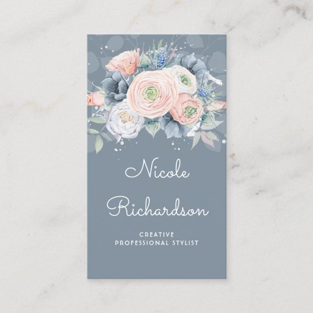 Dusty Blue och Peachy Ro Elegant Blommigt Pastels Visitkort (Framsida)