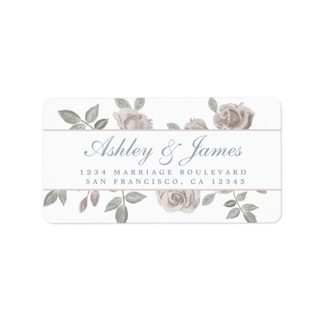 Dusty Blue och Ro Blommigt Bröllop Returadress Adressetikett (Framsidan)