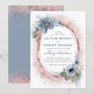 Dusty Blue och Ro Guld Glitter Blommigt Bröllop Inbjudningar