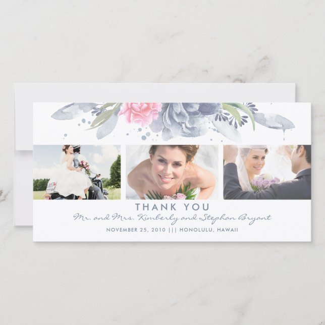 Dusty Blue och Rosa Blommigt Bröllop Tack Kort (Framsida)