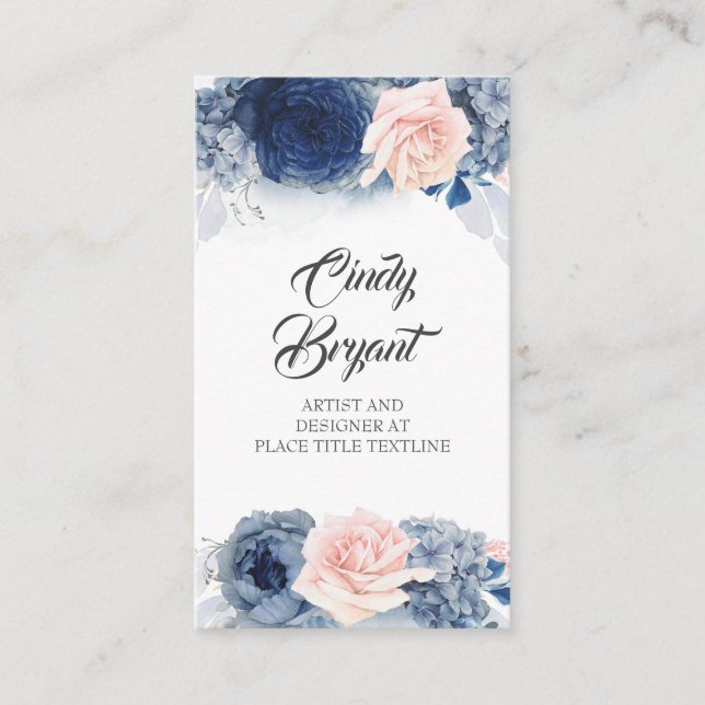 Dusty Blue och  Rosa Flowers Elegant Snyggt Visitkort (Framsida)
