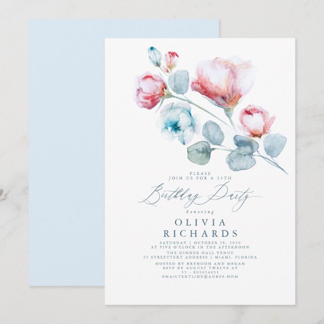 Dusty Blue och Rosa Romantic Blommigt Birthday Inbjudningar (Fram/baksida)