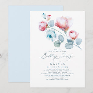 Dusty Blue och Rosa Romantic Blommigt Birthday Inbjudningar