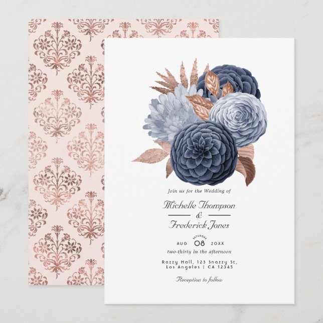 Dusty Blue och Rose Gold Blommig Bröllop Inbjudningar (Fram/baksida)