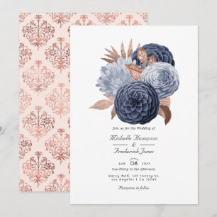 Dusty Blue och Rose Gold Blommig Bröllop Inbjudningar