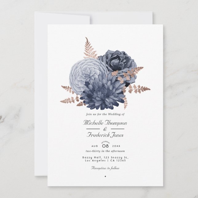 Dusty Blue och Rose Gold Blommig Bröllops QR-kod I Inbjudningar (Framsida)