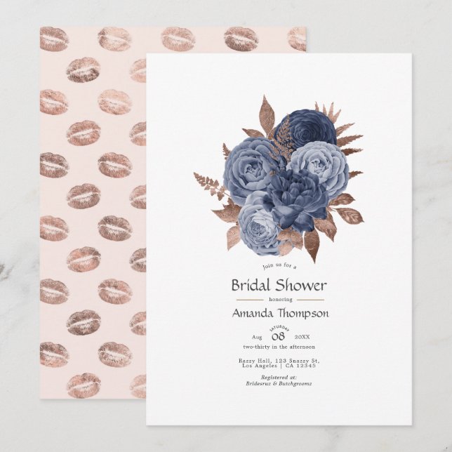Dusty Blue och Rose Gold Blommig Par Bröllopsdusch Inbjudningar (Fram/baksida)