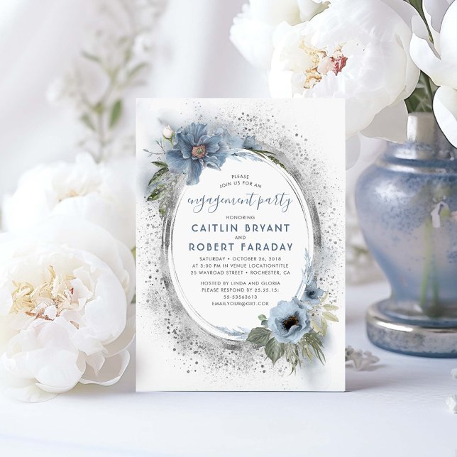 Dusty Blue och Silver Blommigt Förlovningsfest Inbjudningar (Dusty Blue and Silver Engagement Party Invitations)