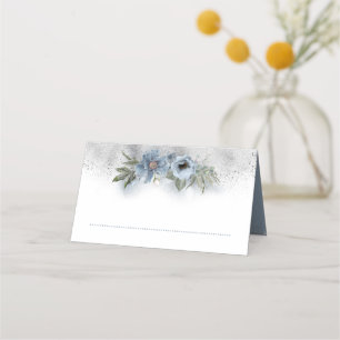 Dusty Blue och Silver Glitter Blommigt Bröllop Placeringskort