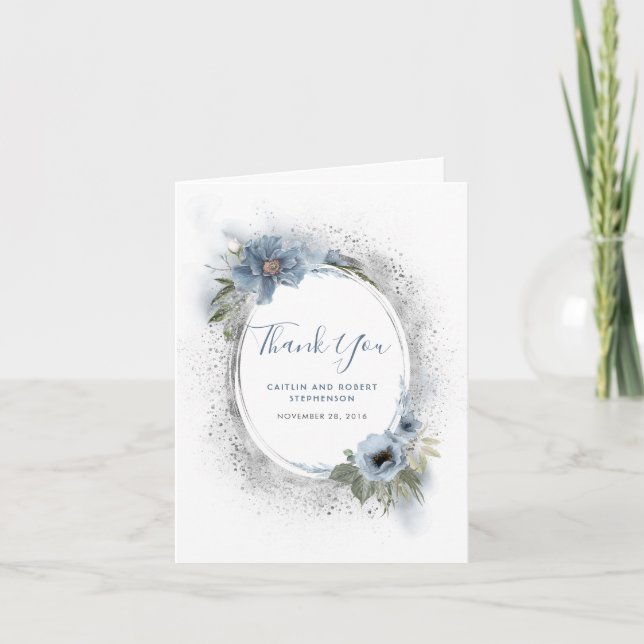 Dusty Blue och Silver Glitter Blommigt Tack (Framsida)