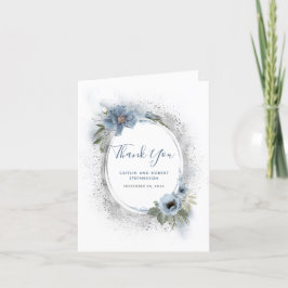 Dusty Blue och Silver Glitter Blommigt Tack Kort