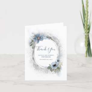 Dusty Blue och Silver Glitter Blommigt Tack Kort