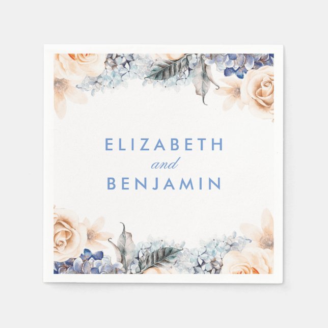 Dusty Blue och Soft Peach Blommigt Bröllop Pappersservett (Framsidan)
