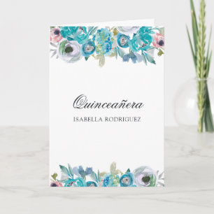 Dusty Blue- och Turcoise-Blommigt Quinceañera Inbjudan