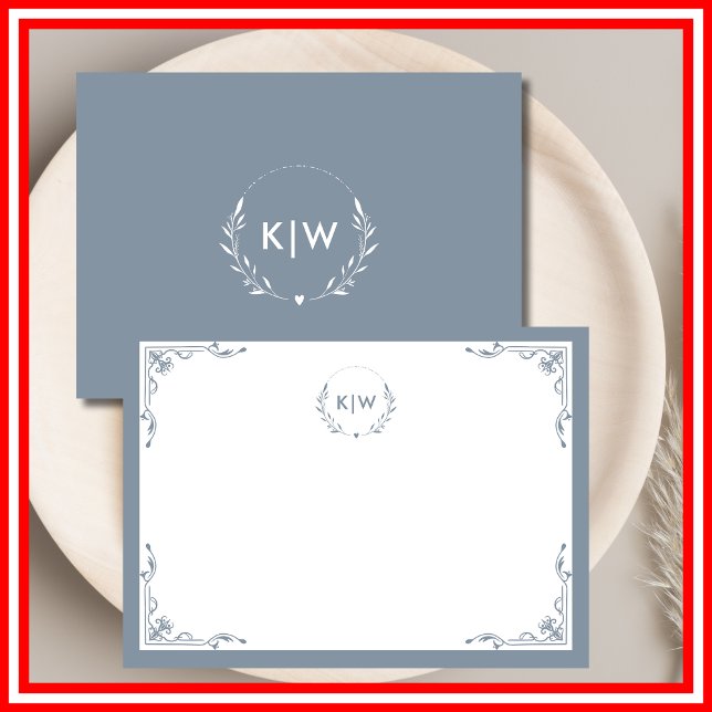 Dusty Blue och Vit | Modern Initialer Monogram Anteckningskort (Dusty Blue and White | Modern Initials Monogram Note Card)