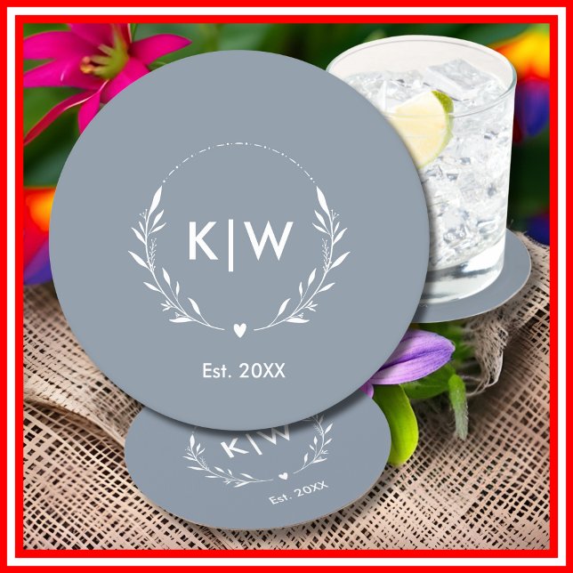 Dusty Blue och Vit | Modern Initialer Monogram Underlägg Papper Rund (Dusty Blue and White | Modern Initials Monogram Round Paper Coaster)