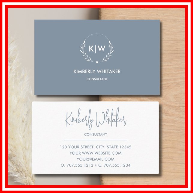 Dusty Blue och Vit | Modern Initialer Monogram Visitkort (Dusty Blue and White | Modern Initials Monogram Business Card)
