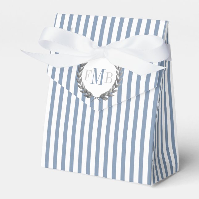 Dusty blue och white rand monogram bröllop presentaskar (Framsidan Sidan)