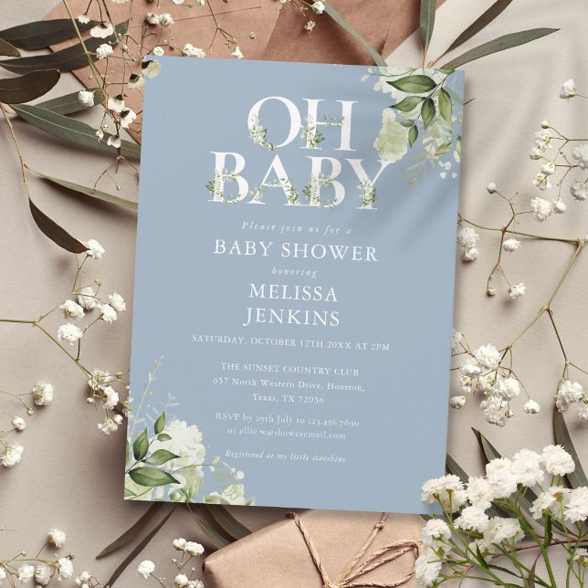 Dusty Blue Oh Baby Botanisk Grönska Bebisfest Inbjudningar (Dusty Blue Oh Baby Botanical Greenery Baby Shower Invitation)