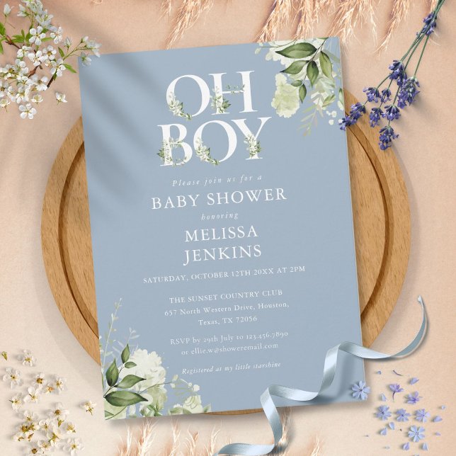 Dusty Blue Oh Boy Botanical Greenery Baby Shower Inbjudningar (Skapare uppladdad)