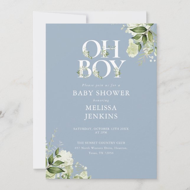 Dusty Blue Oh Boy Greenery QR-kod Baby Shower Inbjudningar (Framsida)