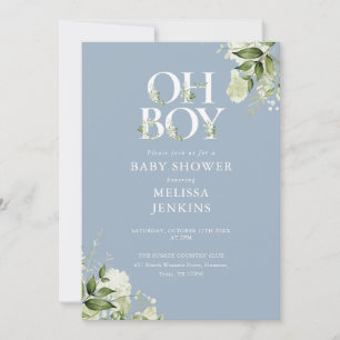 Dusty Blue Oh Boy Greenery QR-kod Baby Shower Inbjudningar