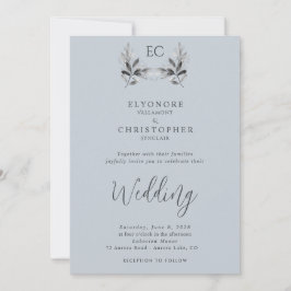 Dusty Blue Olive Branch Monogram Photo Wedding  Inbjudningar