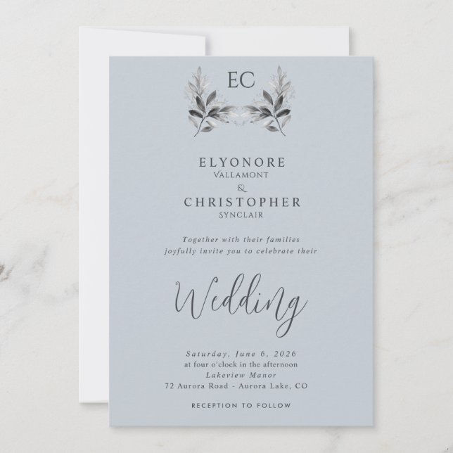Dusty Blue Olive Branch Monogram Photo Wedding  Inbjudningar (Framsida)