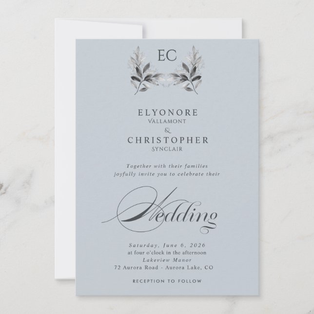 Dusty Blue Olive Branch Monogram Photo Wedding  Inbjudningar (Framsida)