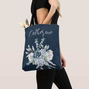 Dusty Blue One Side Script Personlig Namn Boho Tygkasse