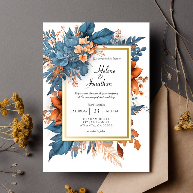 Dusty Blue Orange Terracotta Boho Elegant bröllop Inbjudningar (Dusty Blue Orange Terracotta Boho Elegant Wedding Invitation)