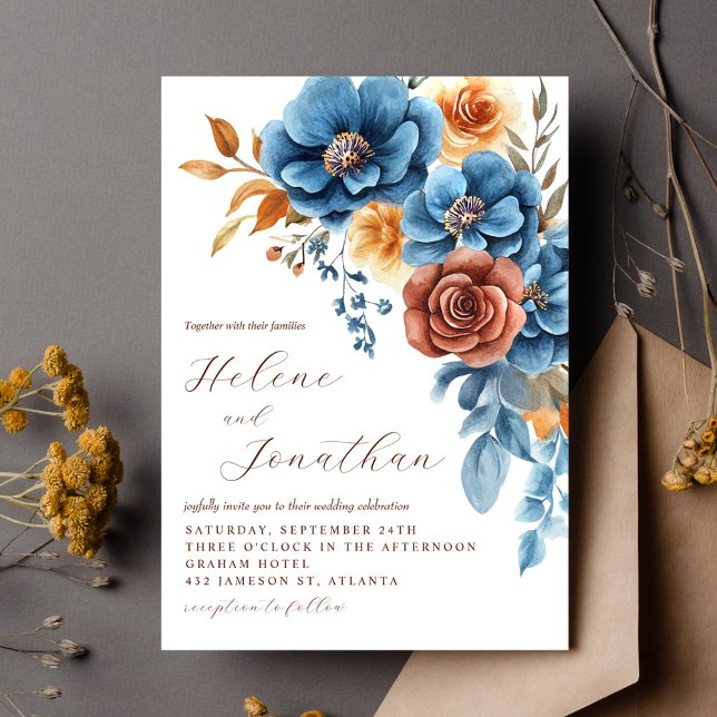 Dusty Blue Orange Terracotta Elegant bröllop Inbjudningar (Dusty Blue Orange Terracotta Elegant Wedding Invitation)