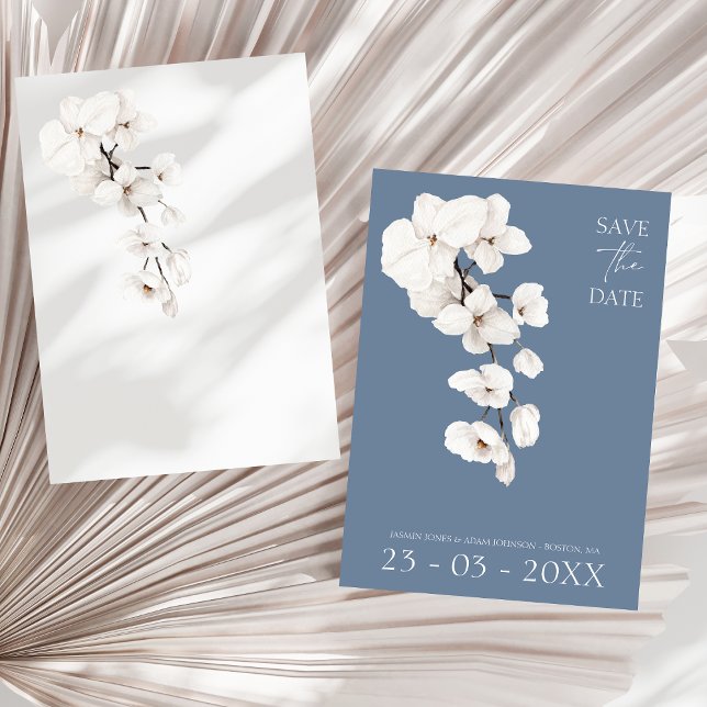 Dusty Blue Orchid Bröllop spara datum Datumet (Modern Dusty Blue Orchids Wedding Save The Date)
