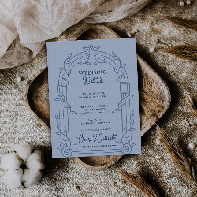 Dusty Blue Ornate Arch Botanical Wedding Details Tilläggskort (Dusty Blue Ornate Arch Botanical Wedding Details Card | Elegant Wedding Information Enclosure)