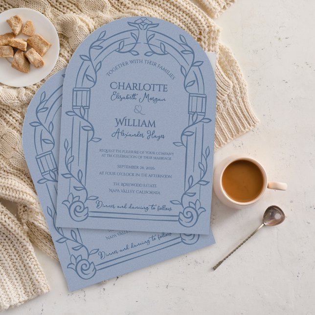 Dusty Blue Ornate Arch Botanical Wedding Inbjudningar (Dusty Blue Ornate Arch Botanical Wedding Invitation | Elegant Garden Estate Wedding Invite)