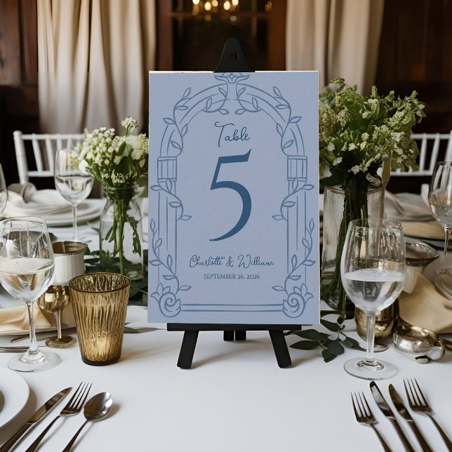 Dusty Blue Ornate Arch Wedding Table Number Card Tack Kort (Dusty Blue Ornate Arch Botanical Wedding Table Number Card Elegant Reception Decor)