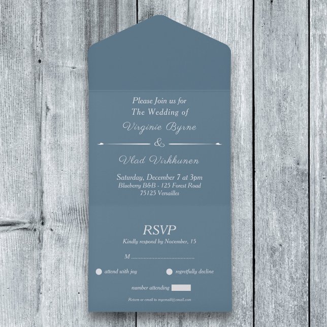 Dusty Blue OSA Bröllop alla i en inbjudan (Dusty Blue RSVP Wedding All In One Invitation)