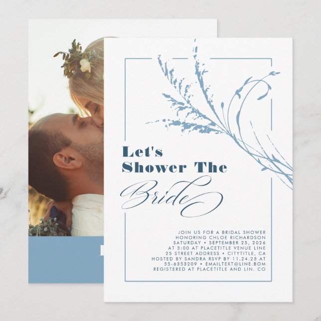 Dusty Blue Pampas Grass Boho Möhippa Photo Inbjudningar (Fram/baksida)