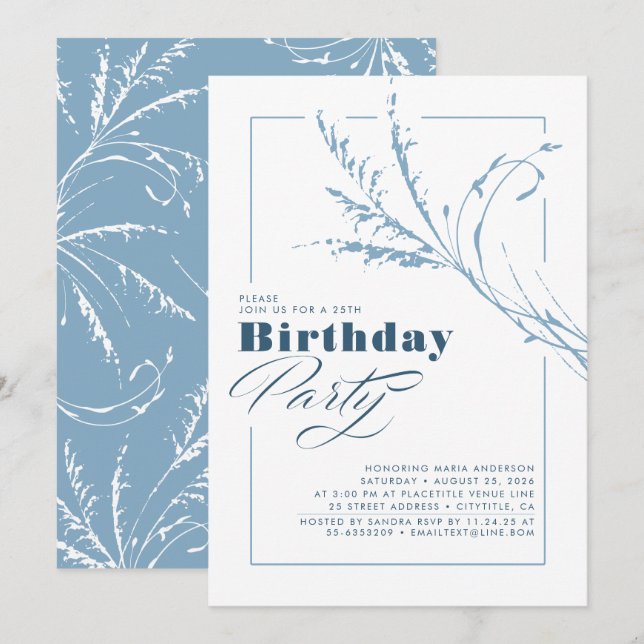Dusty Blue Pampas Grass Modern Födelsedagsfest Inbjudningar (Fram/baksida)