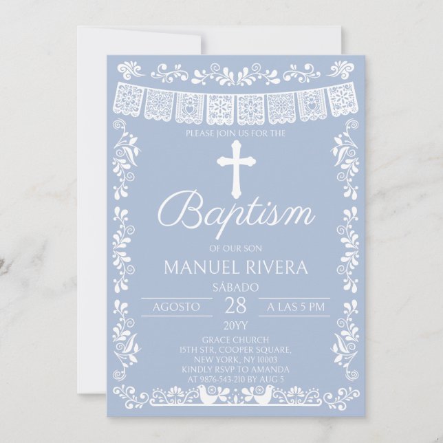 Dusty Blue Papel Picado Baptism Inbjudningar (Framsida)