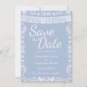 Dusty Blue Papel Picado Bröllop Spara Datum Inbjudningar