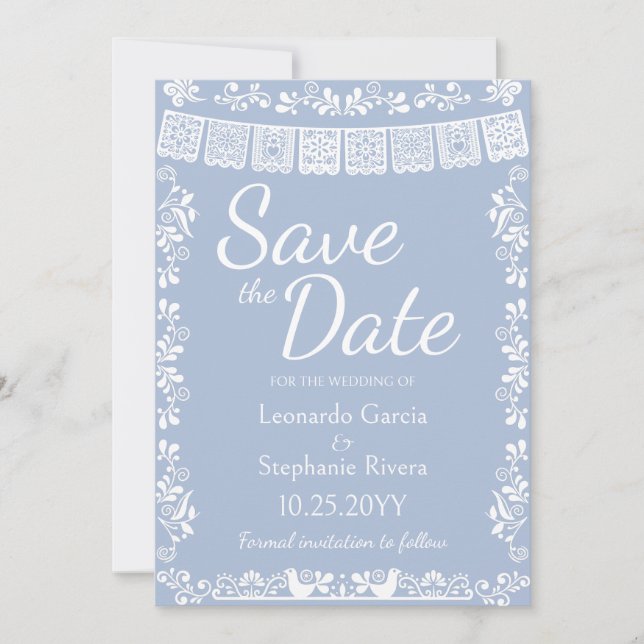 Dusty Blue Papel Picado Bröllop Spara Datum Inbjudningar (Framsida)