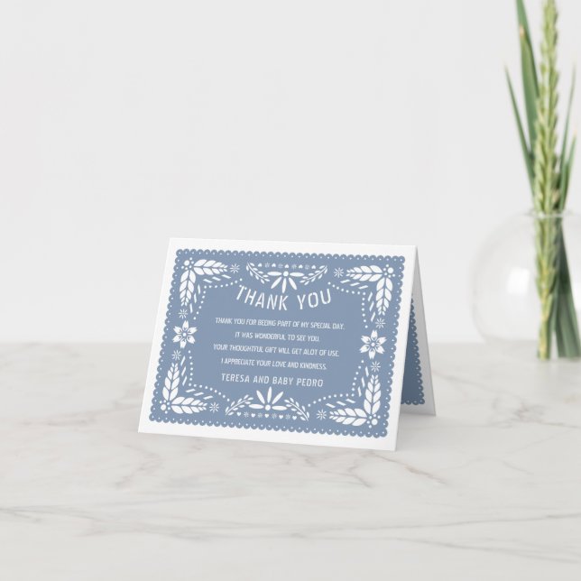Dusty blue papel picado Mexican stil Baby Shower Tack Kort (Framsida)