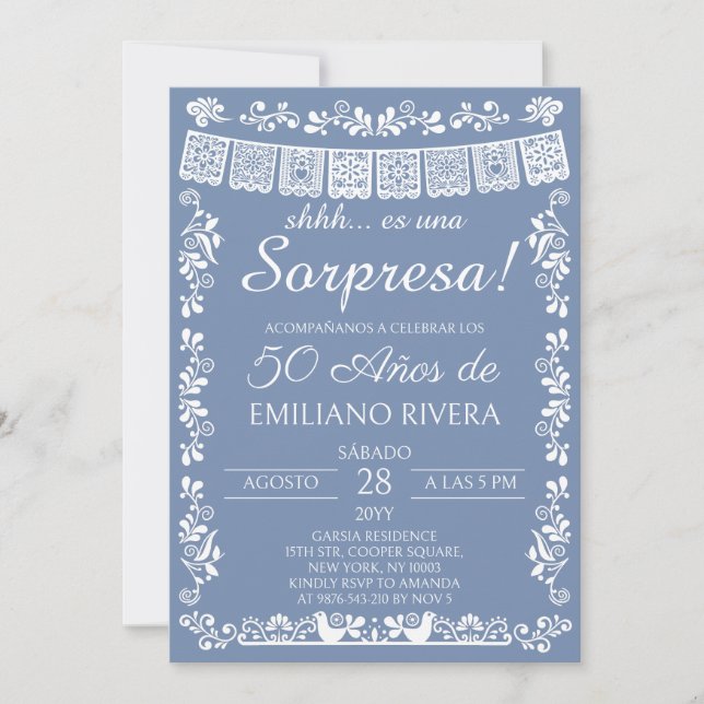 Dusty Blue Papel Picado Överraskning 50-årsdag Inbjudningar (Framsida)
