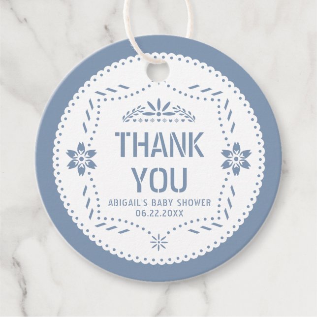 Dusty blue papel picado Tack Pojke Shower Gåvor Etiketter (Framsida)